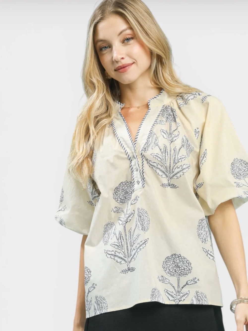 Umgee Cream Short-Sleeve Floral Button-Down Shirt - Picture 1 of 5